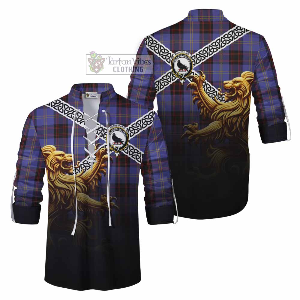 Rutherford Crest Tartan Ghillie Kilt Shirt with Golden Lion Emblem Celtic Style - Tartan Vibes Clothing