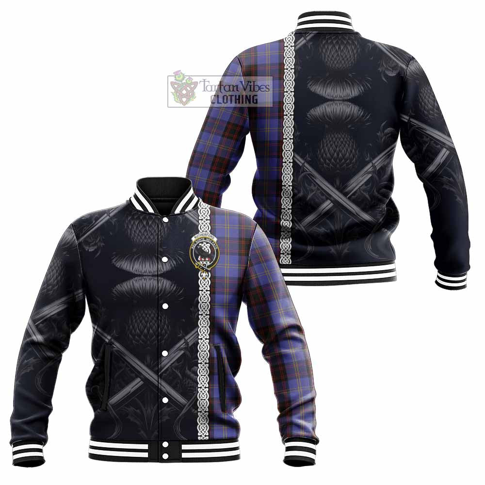 Tartan Vibes Clothing Rutherford Tartan Baseball Jacket with Family Crest Cross Sword Thistle Celtic Vibes
