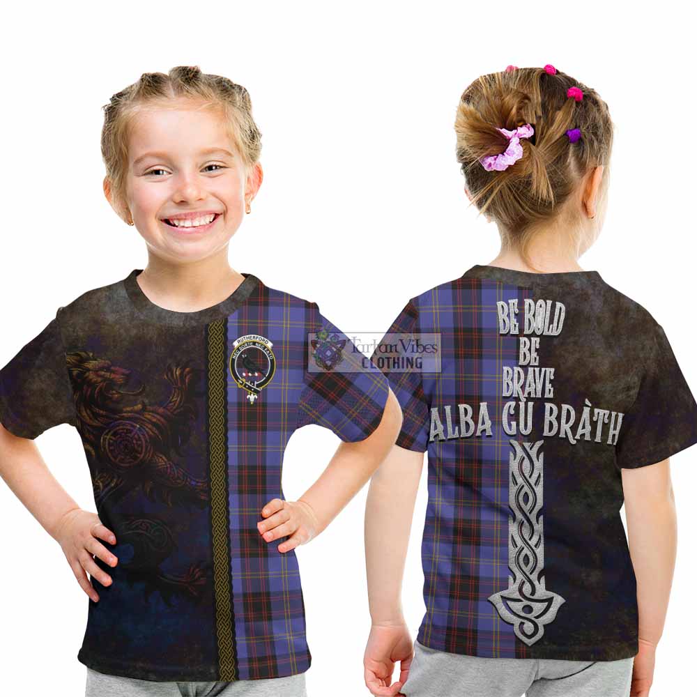 Tartan Vibes Clothing Rutherford Tartan Family Crest Kid T-Shirt Alba Gu Brath Be Brave Lion Ancient Style