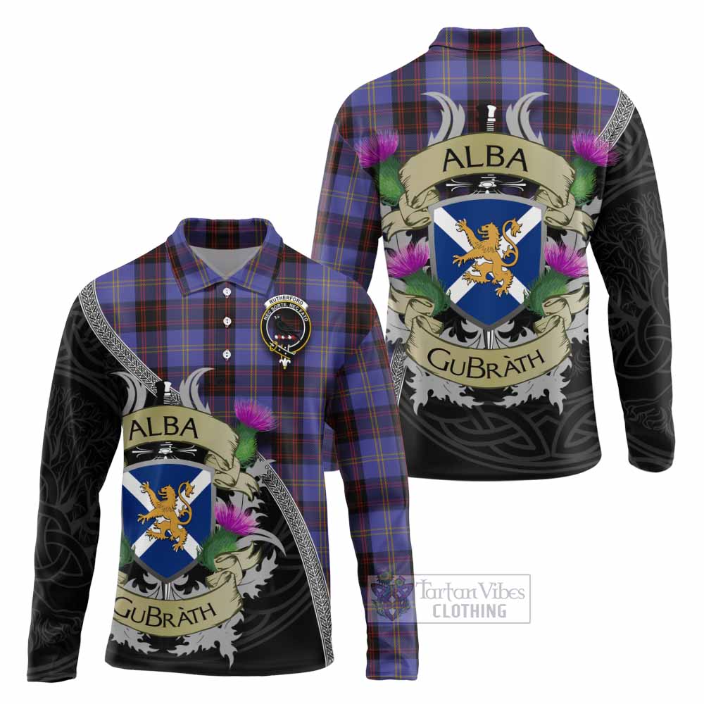 Tartan Vibes Clothing Rutherford Tartan Family Crest Long Sleeve Polo Shirt Lion Rampant Royal Thistle Shield Celtic Inspired