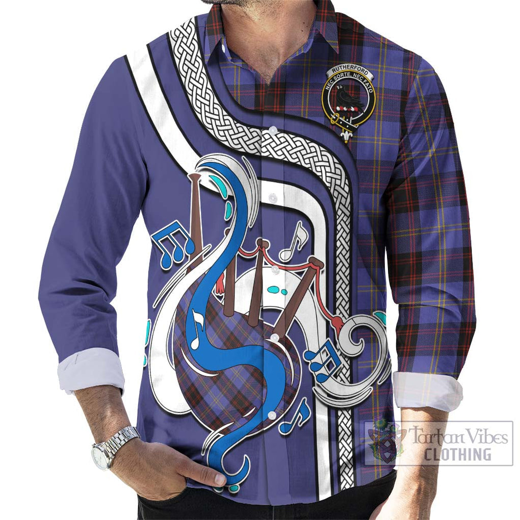 Rutherford Tartan Long Sleeve Button Shirt with Epic Bagpipe Style - Tartanvibesclothing Shop