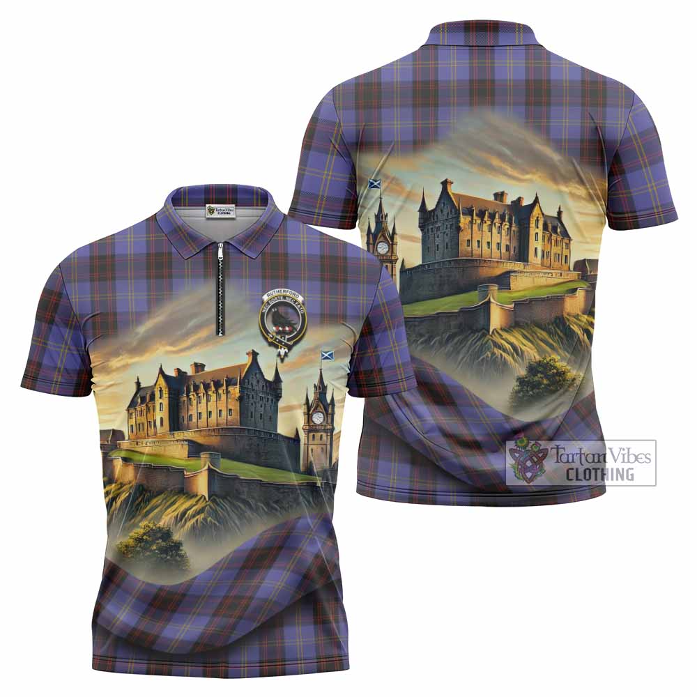 Tartan Vibes Clothing Rutherford Tartan Family Crest Zipper Polo Shirt with Scottish Ancient Castle Stype
