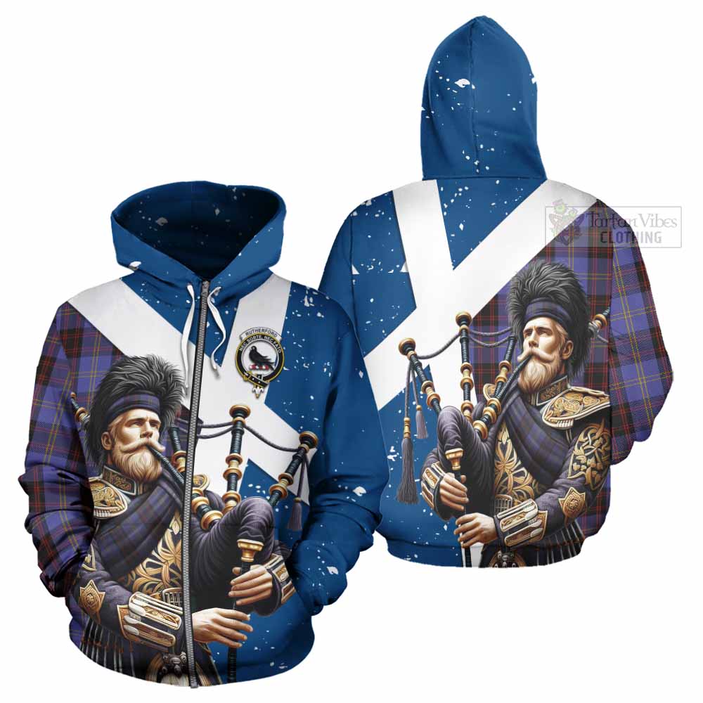 Tartan Vibes Clothing Rutherford Tartan Hoodie with Family Crest Scottish Bagpiper Vibes