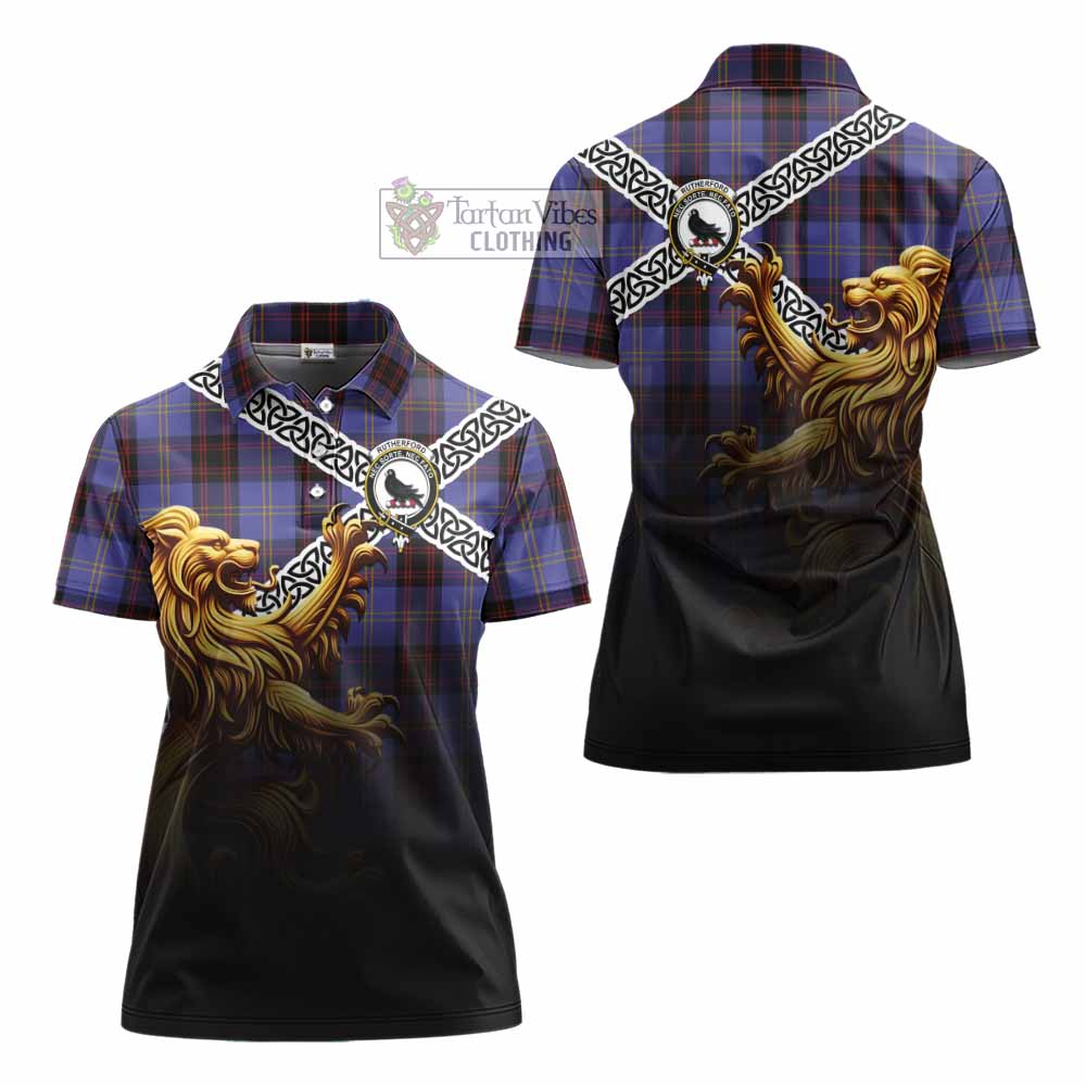 Tartan Vibes Clothing Rutherford Crest Tartan Women's Polo Shirt with Golden Lion Emblem Celtic Style