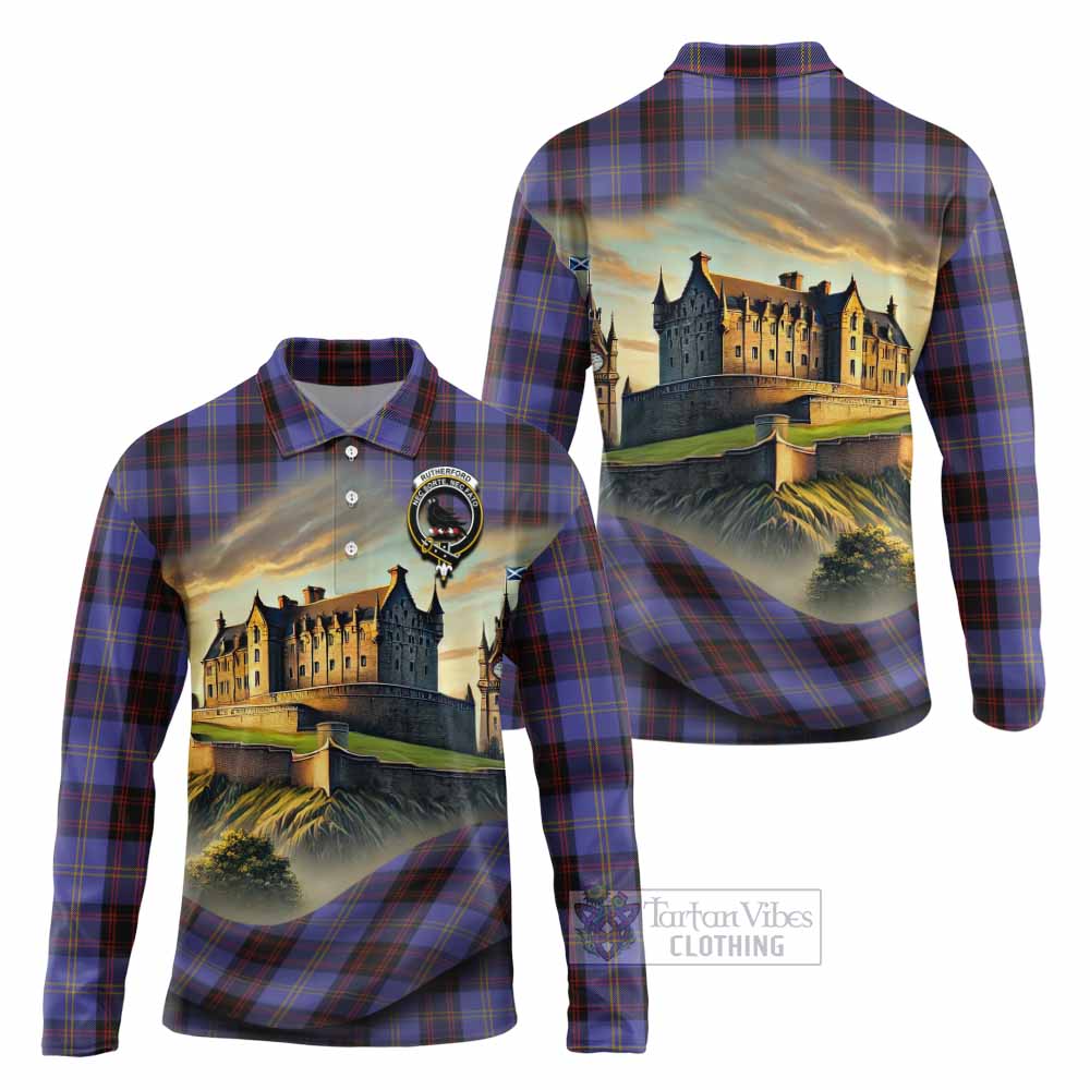 Tartan Vibes Clothing Rutherford Tartan Family Crest Long Sleeve Polo Shirt with Scottish Ancient Castle Style