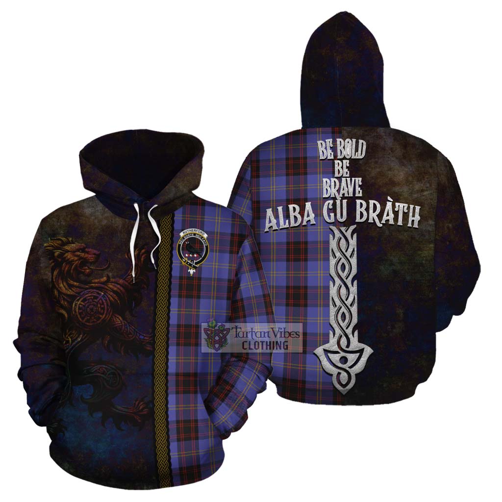 Tartan Vibes Clothing Rutherford Tartan Family Crest Cotton Hoodie Alba Gu Brath Be Brave Lion Ancient Style