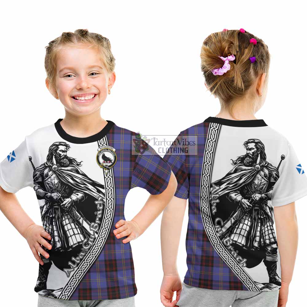 Rutherford Tartan Clan Crest Kid T-Shirt with Highlander Warrior Celtic Style