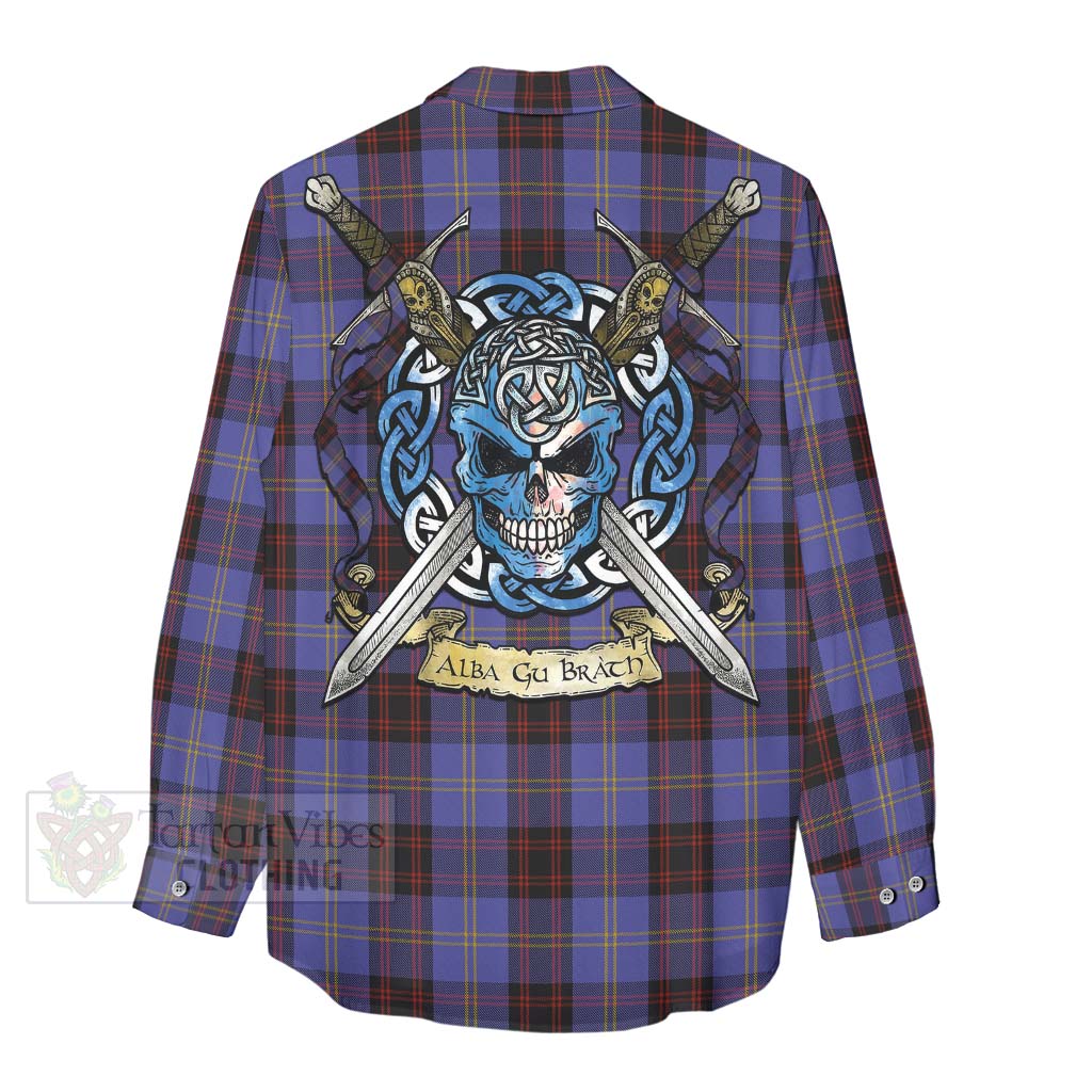 Rutherford Tartan Women's Casual Shirt with Family Crest Celtic Skull Style - Tartan Vibes Clothing