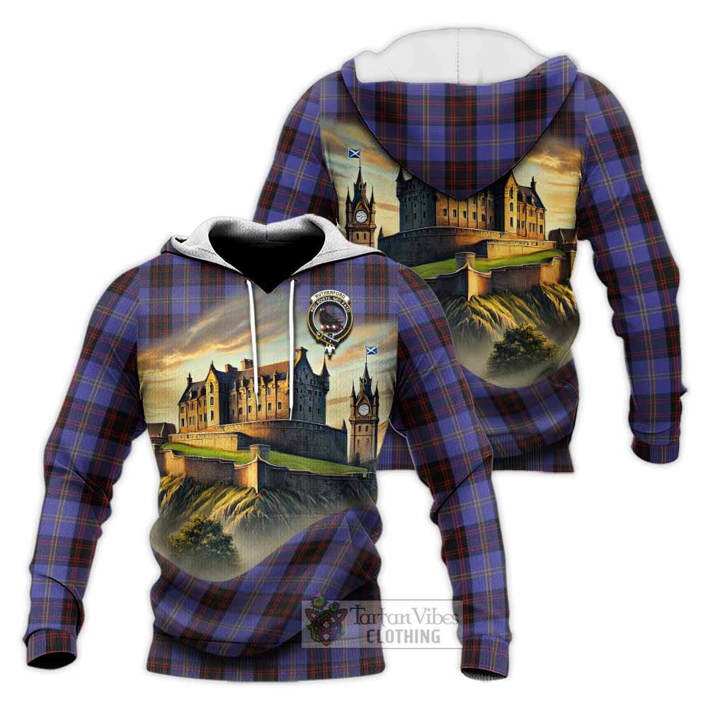 Tartan Vibes Clothing Rutherford Tartan Family Crest Knitted Hoodie with Scottish Ancient Castle Style