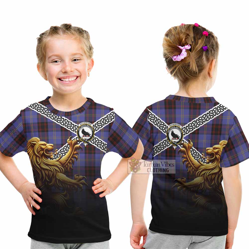 Tartan Vibes Clothing Rutherford Crest Tartan Kid T-Shirt with Golden Lion Emblem Celtic Style