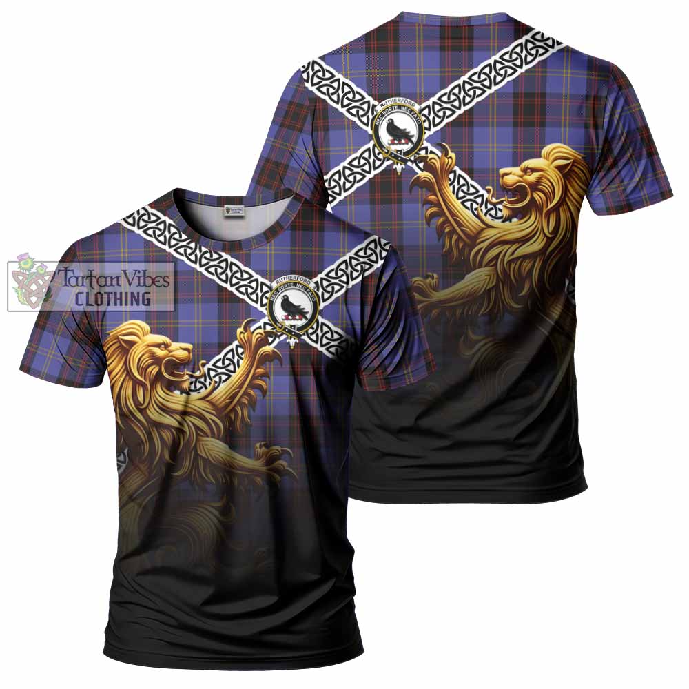 Tartan Vibes Clothing Rutherford Crest Tartan T-Shirt with Golden Lion Emblem Celtic Style