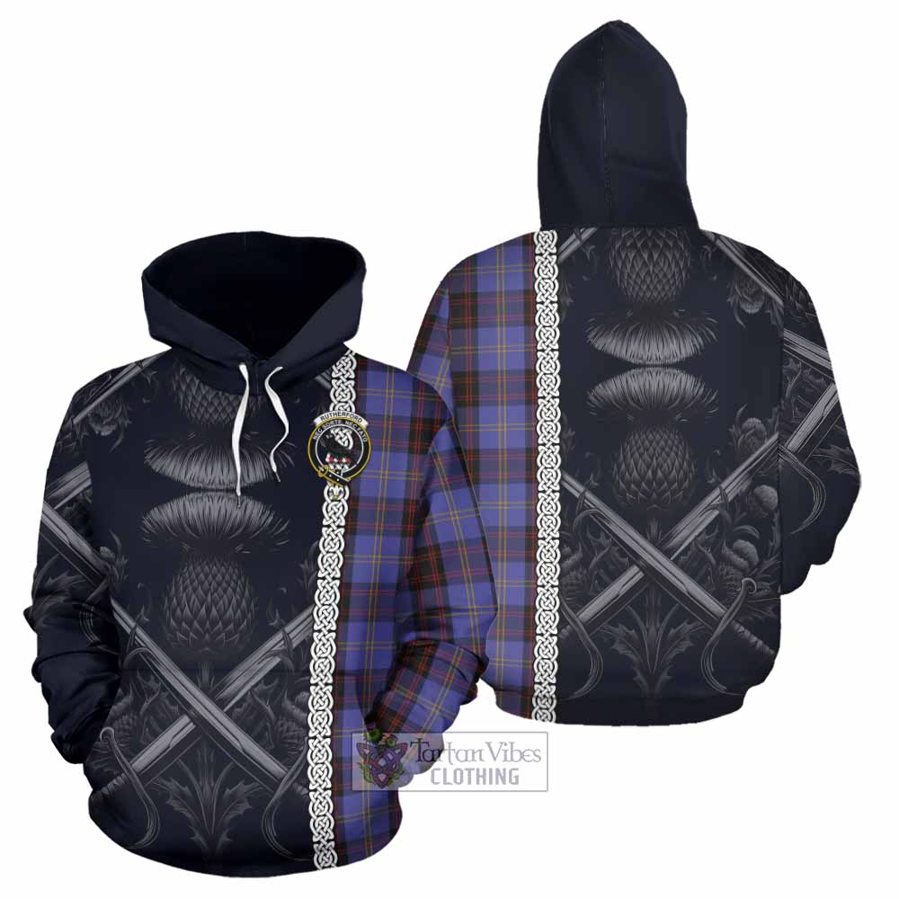 Tartan Vibes Clothing Rutherford Tartan Hoodie with Family Crest Cross Sword Thistle Celtic Vibes