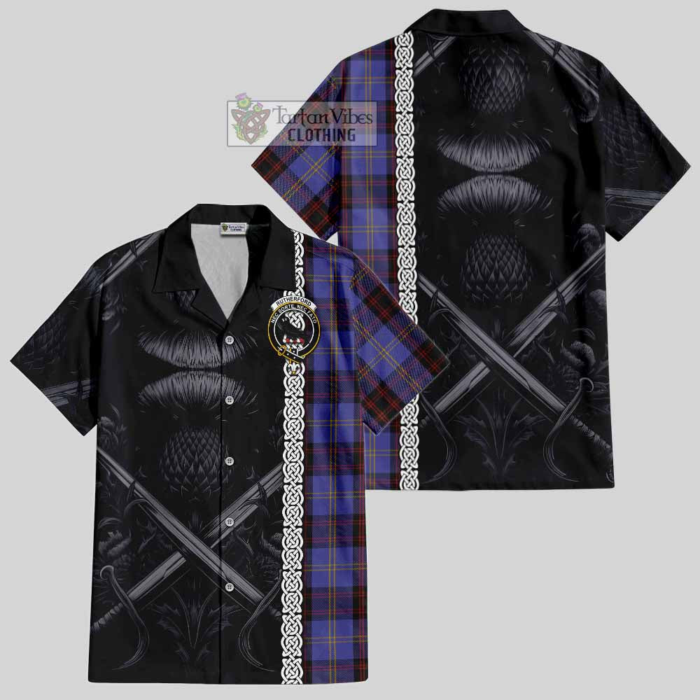 Tartan Vibes Clothing Rutherford Tartan Short Sleeve Button Shirt with Family Crest Cross Sword Thistle Celtic Vibes