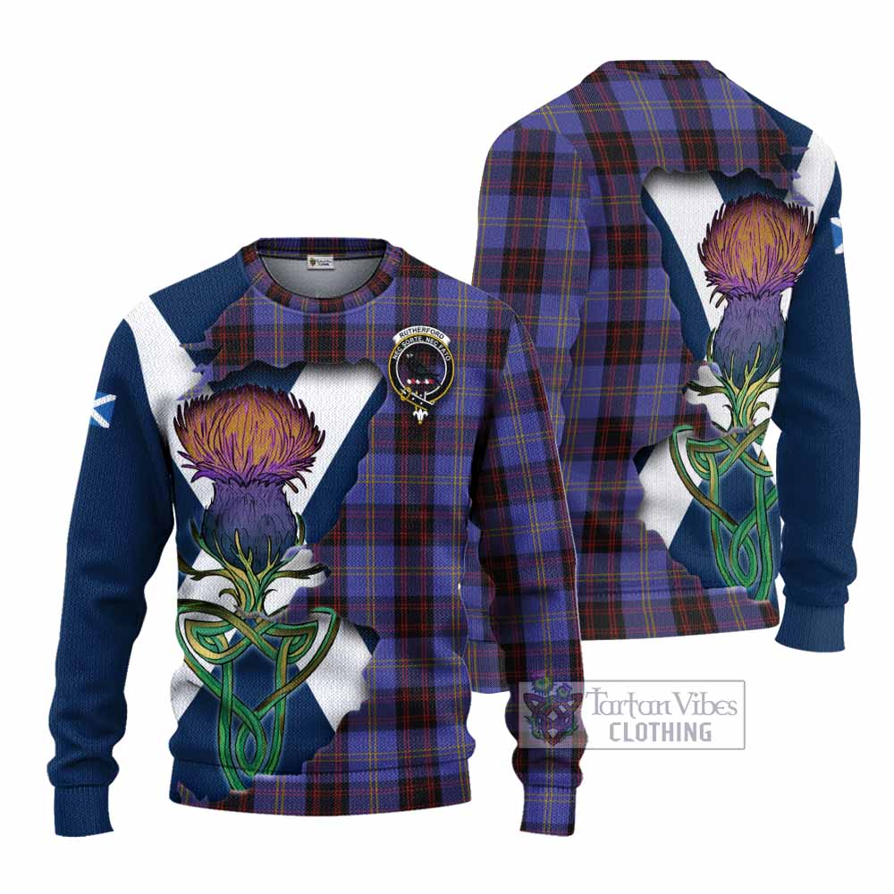 Tartan Vibes Clothing Rutherford Tartan Family Crest Knitted Sweater Scottish Thistle Celtic Inspired