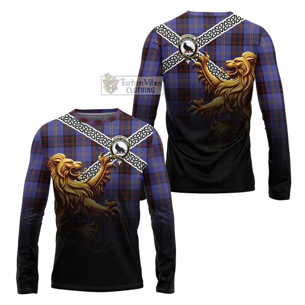 Tartan Vibes Clothing Rutherford Crest Tartan Long Sleeve T-Shirt with Golden Lion Emblem Celtic Style