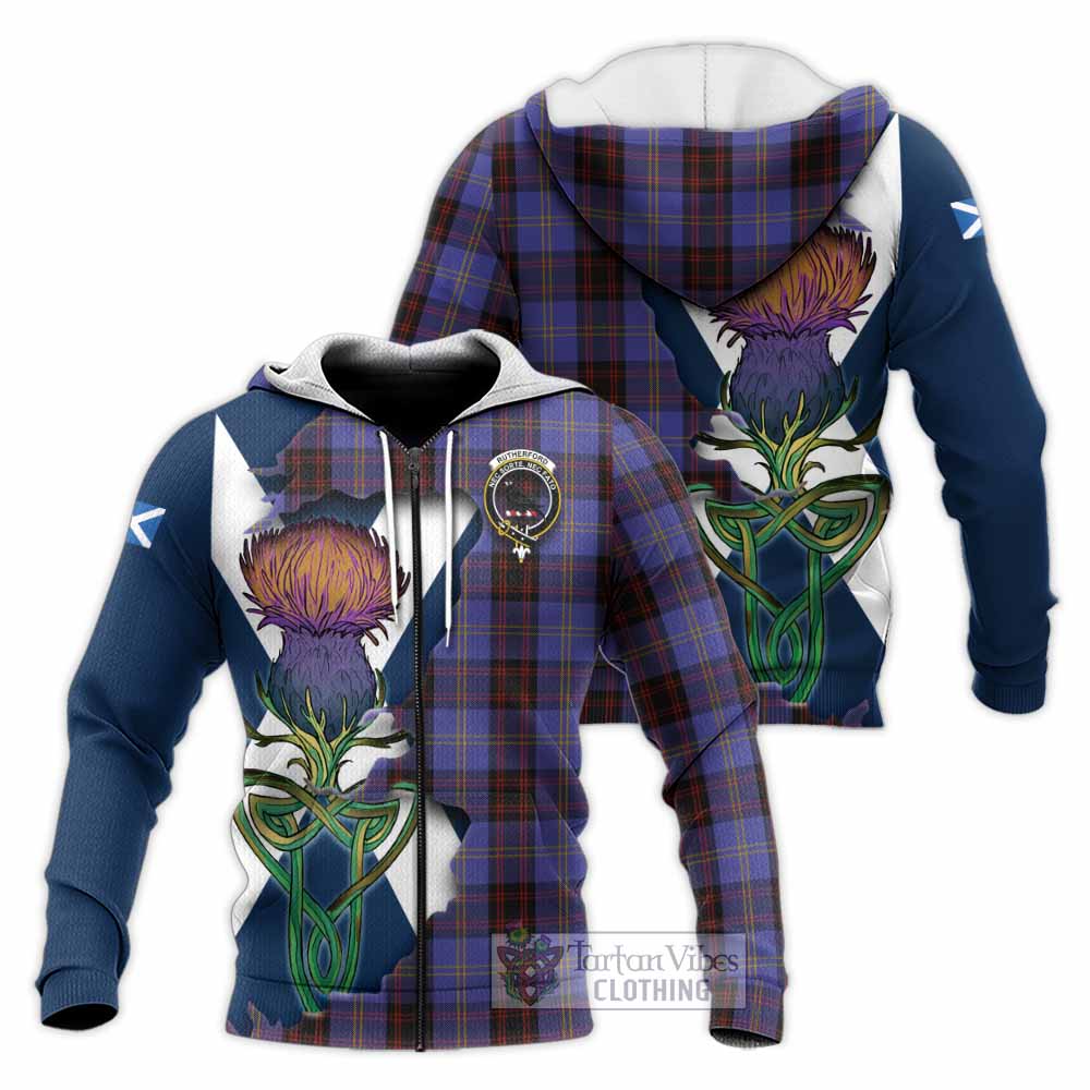 Tartan Vibes Clothing Rutherford Tartan Family Crest Knitted Hoodie Scottish Thistle Celtic Inspired