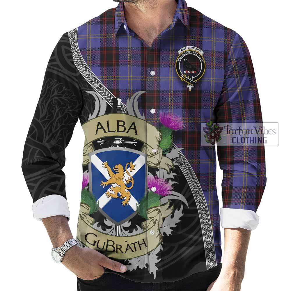 Tartan Vibes Clothing Rutherford Tartan Family Crest Long Sleeve Button Shirt Lion Rampant Royal Thistle Shield Celtic Inspired
