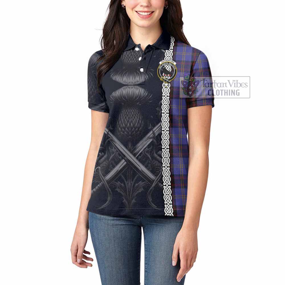 Tartan Vibes Clothing Rutherford Tartan Women's Polo Shirt with Family Crest Cross Sword Thistle Celtic Vibes
