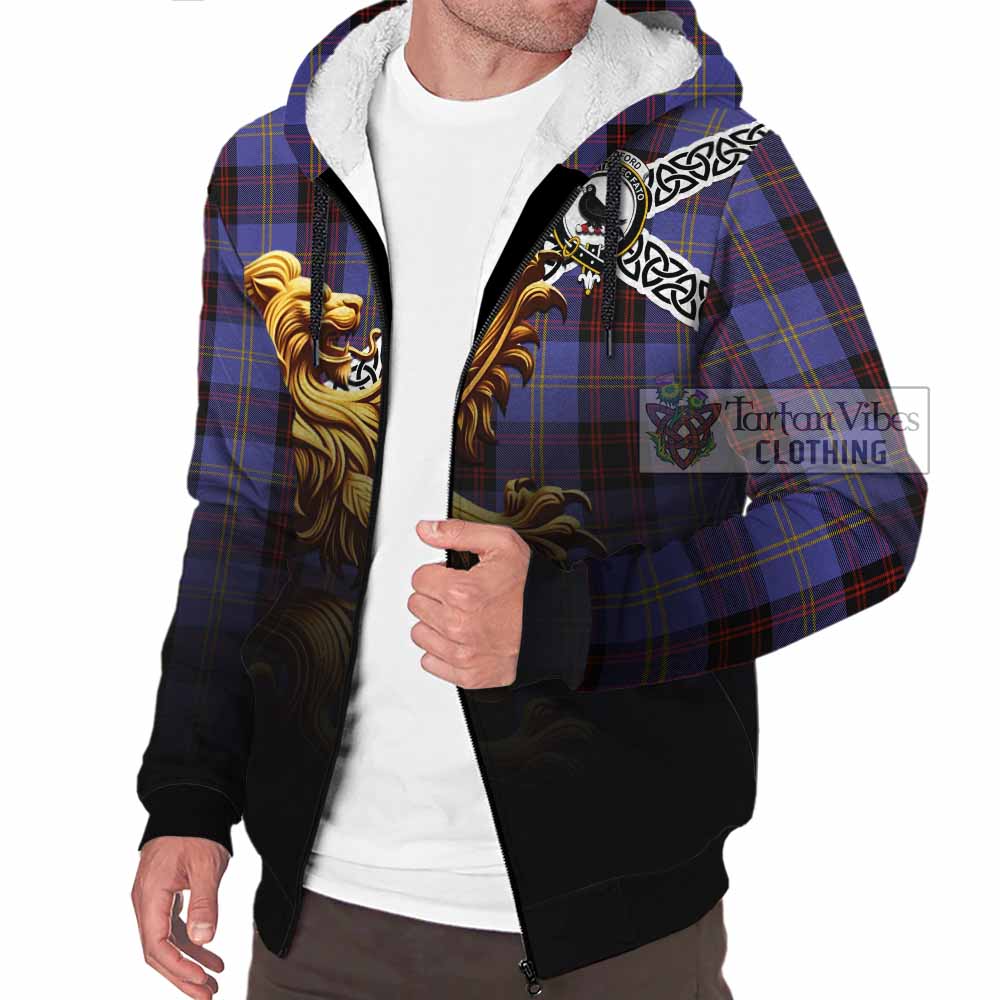 Tartan Vibes Clothing Rutherford Crest Tartan Sherpa Hoodie with Golden Lion Emblem Celtic Style