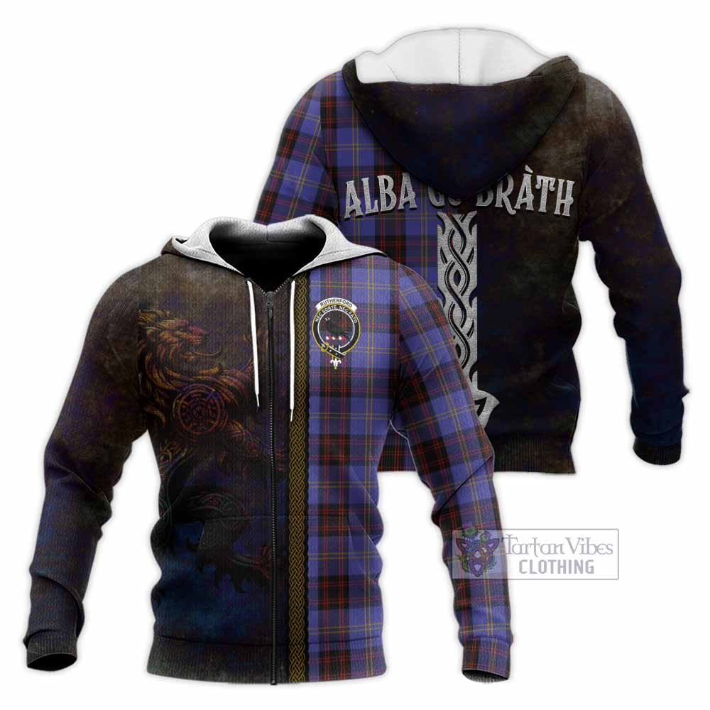 Tartan Vibes Clothing Rutherford Tartan Family Crest Knitted Hoodie Alba Gu Brath Be Brave Lion Ancient Style