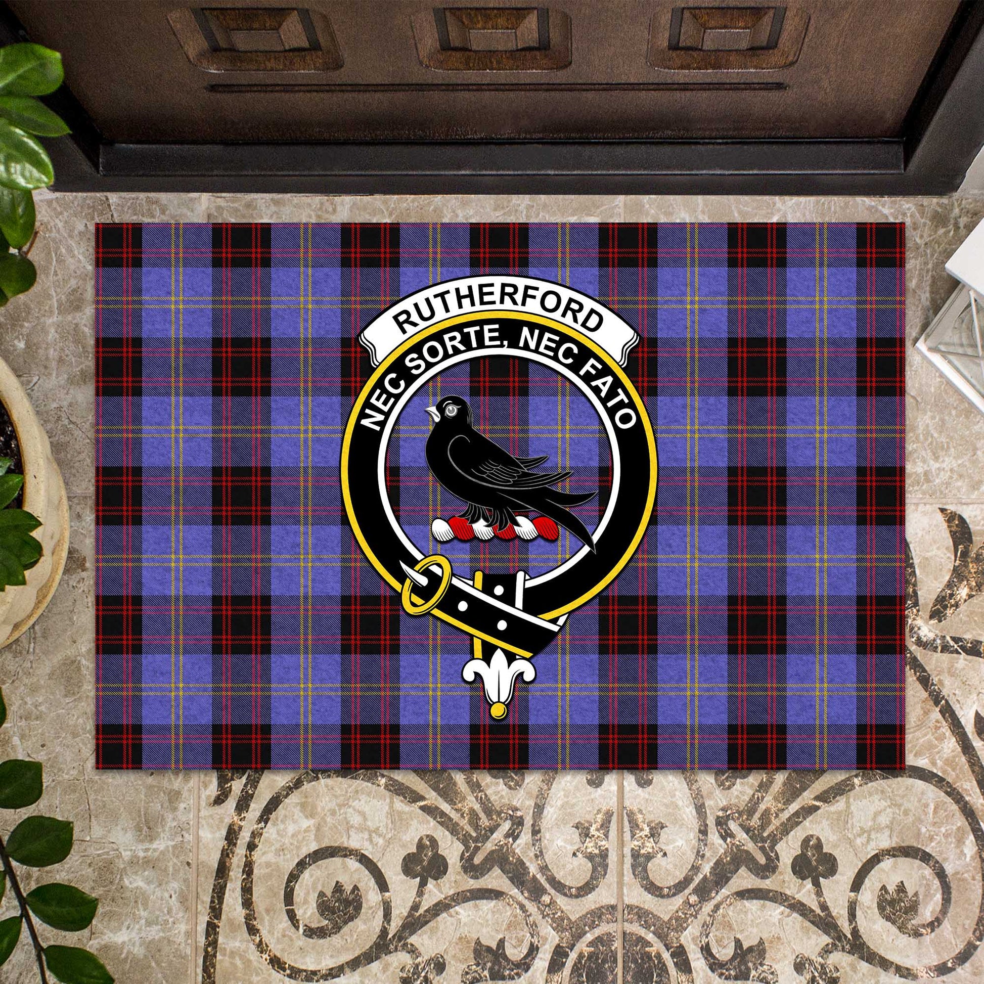 Rutherford Tartan Door Mat with Family Crest - Tartanvibesclothing Shop