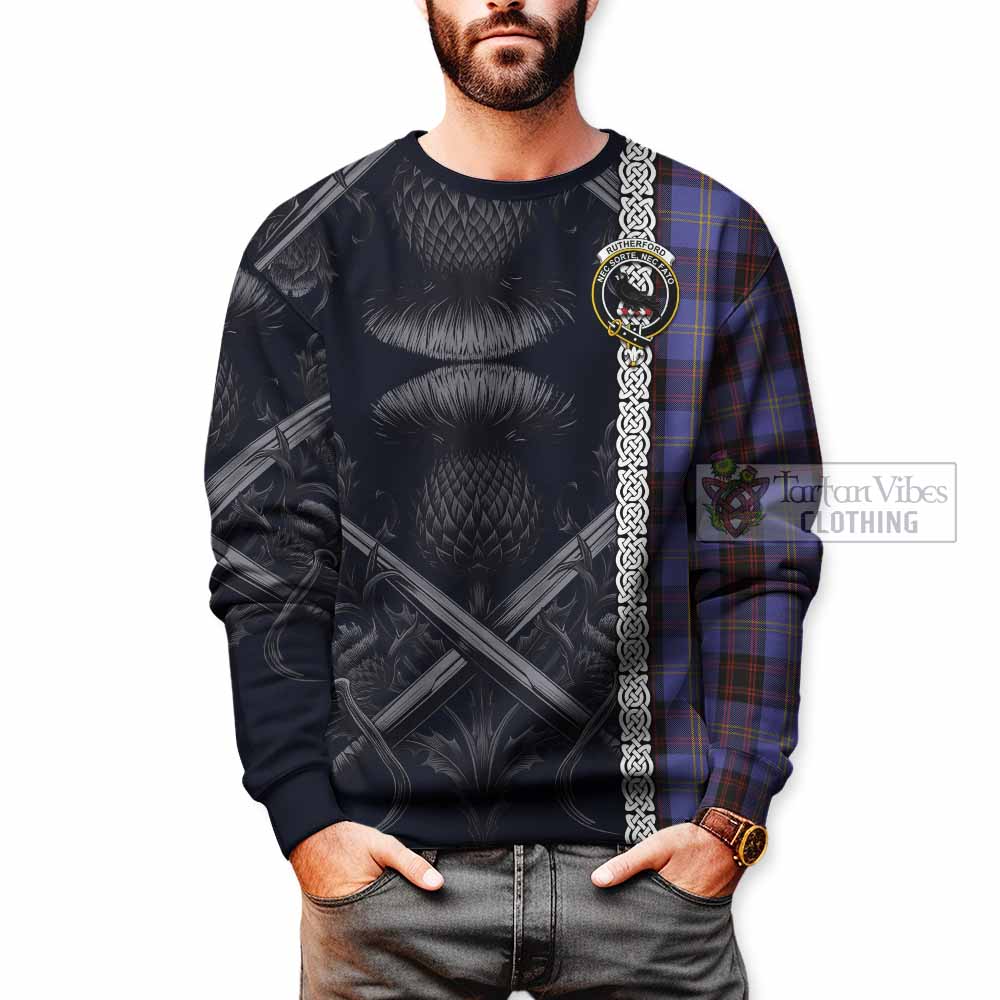 Tartan Vibes Clothing Rutherford Tartan Sweatshirt with Family Crest Cross Sword Thistle Celtic Vibes