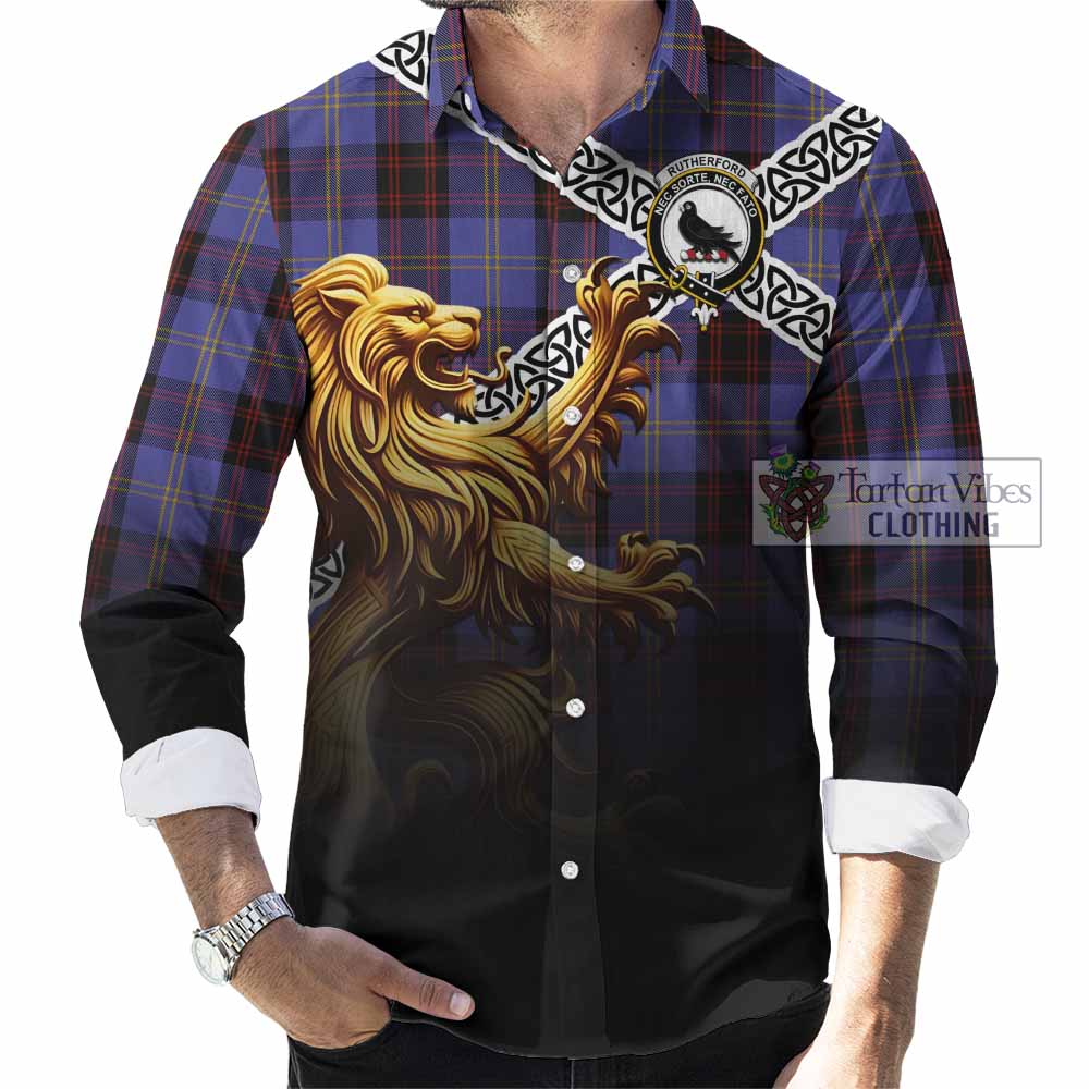 Tartan Vibes Clothing Rutherford Crest Tartan Long Sleeve Button Shirt with Golden Lion Emblem Celtic Style