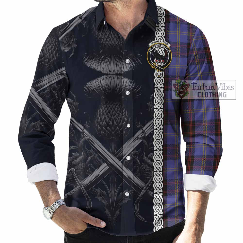 Tartan Vibes Clothing Rutherford Tartan Long Sleeve Button Shirt with Family Crest Cross Sword Thistle Celtic Vibes