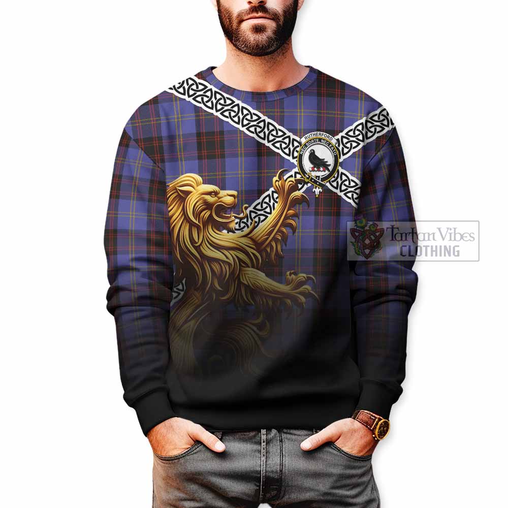 Tartan Vibes Clothing Rutherford Crest Tartan Sweatshirt with Golden Lion Emblem Celtic Style