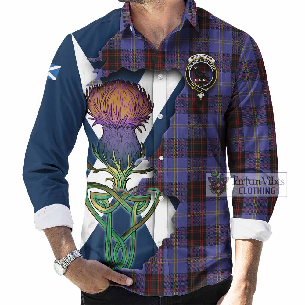 Tartan Vibes Clothing Rutherford Tartan Family Crest Long Sleeve Button Shirt Scottish Thistle Celtic Inspired