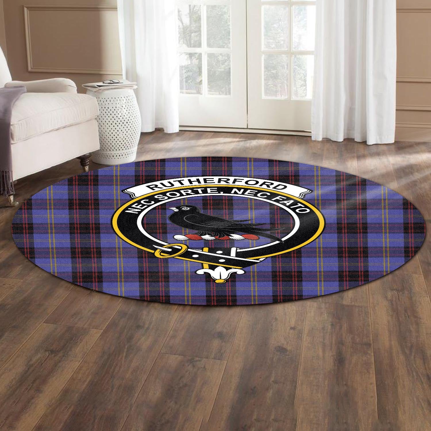 rutherford-tartan-round-rug-with-family-crest