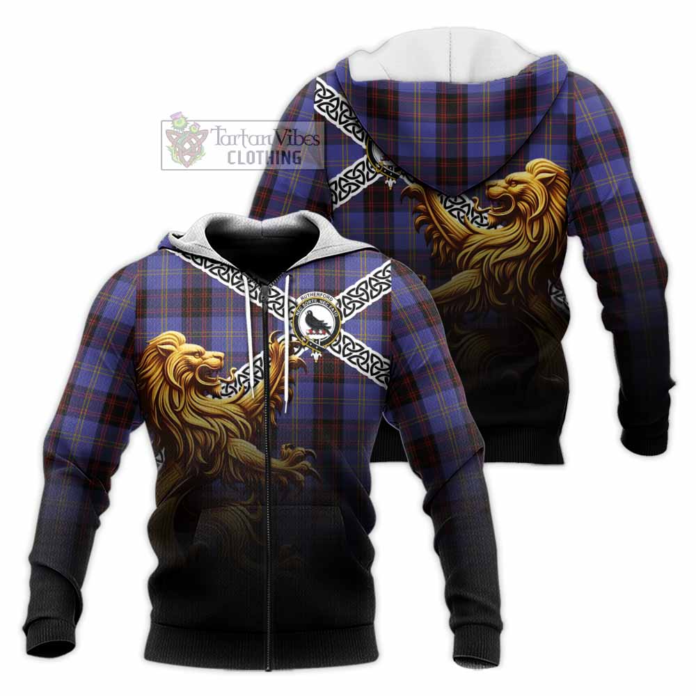 Tartan Vibes Clothing Rutherford Crest Tartan Knitted Hoodie with Golden Lion Emblem Celtic Style