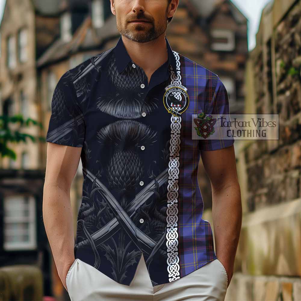 Tartan Vibes Clothing Rutherford Tartan Short Sleeve Button Shirt with Family Crest Cross Sword Thistle Celtic Vibes