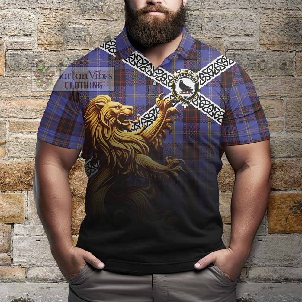 Tartan Vibes Clothing Rutherford Crest Tartan Polo Shirt with Golden Lion Emblem Celtic Style