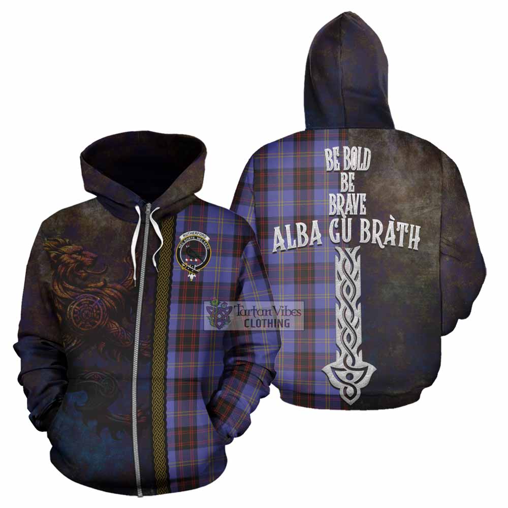 Tartan Vibes Clothing Rutherford Tartan Family Crest Hoodie Alba Gu Brath Be Brave Lion Ancient Style