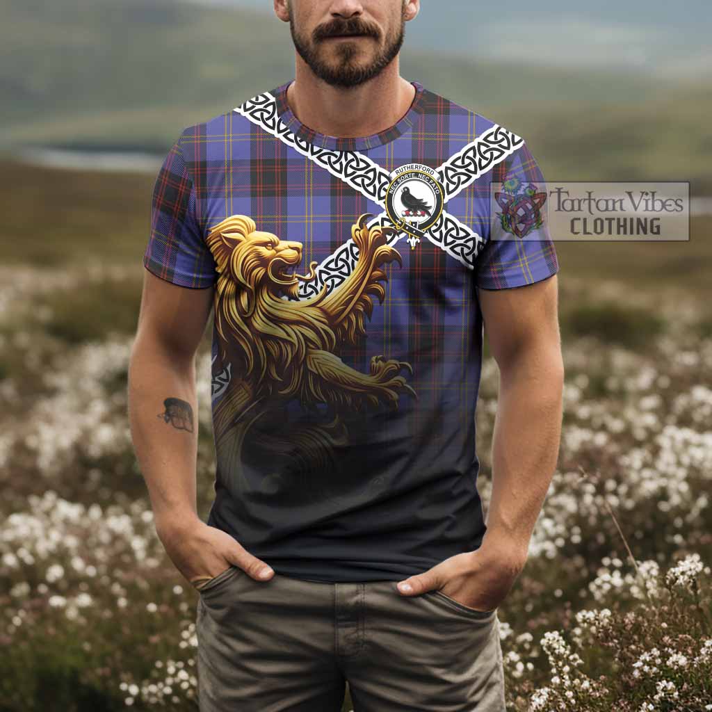 Tartan Vibes Clothing Rutherford Crest Tartan T-Shirt with Golden Lion Emblem Celtic Style