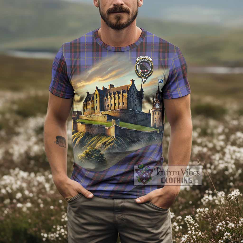 Tartan Vibes Clothing Rutherford Tartan Family Crest T-Shirt with Scottish Ancient Castle Stype
