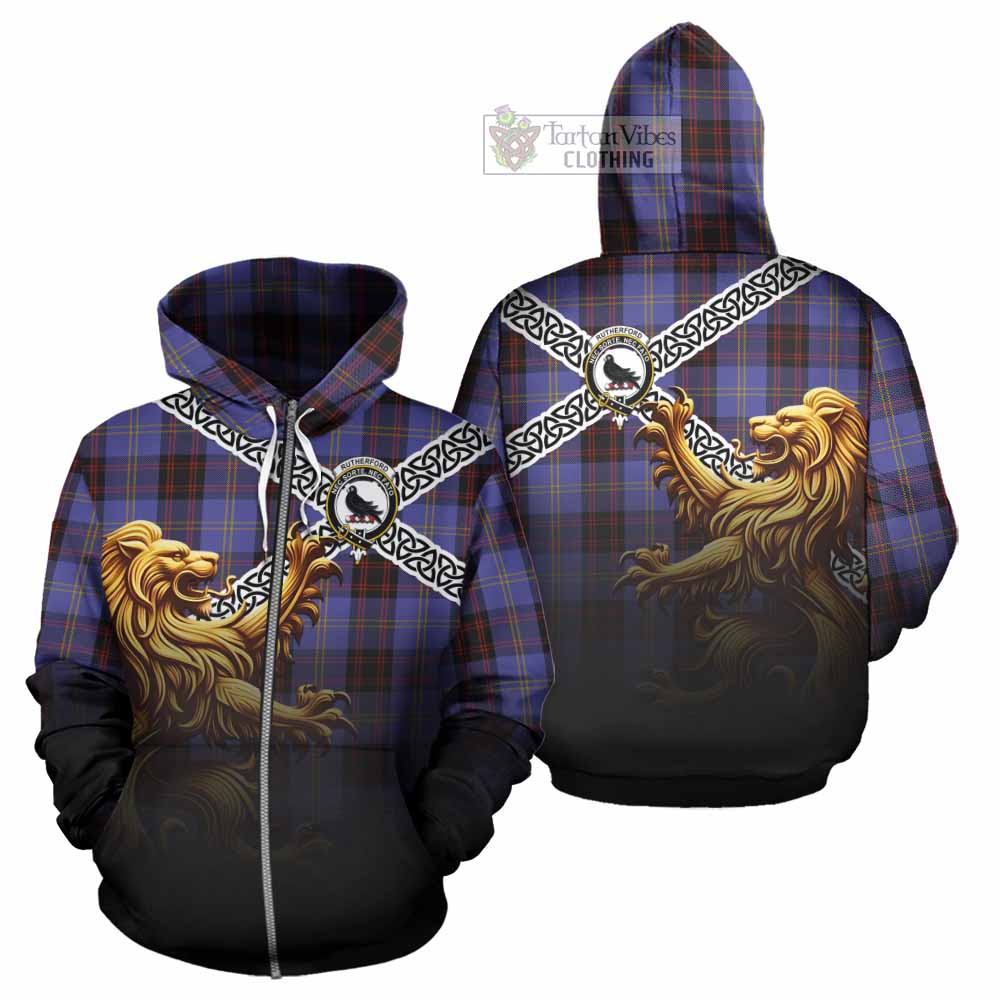 Tartan Vibes Clothing Rutherford Crest Tartan Hoodie with Golden Lion Emblem Celtic Style