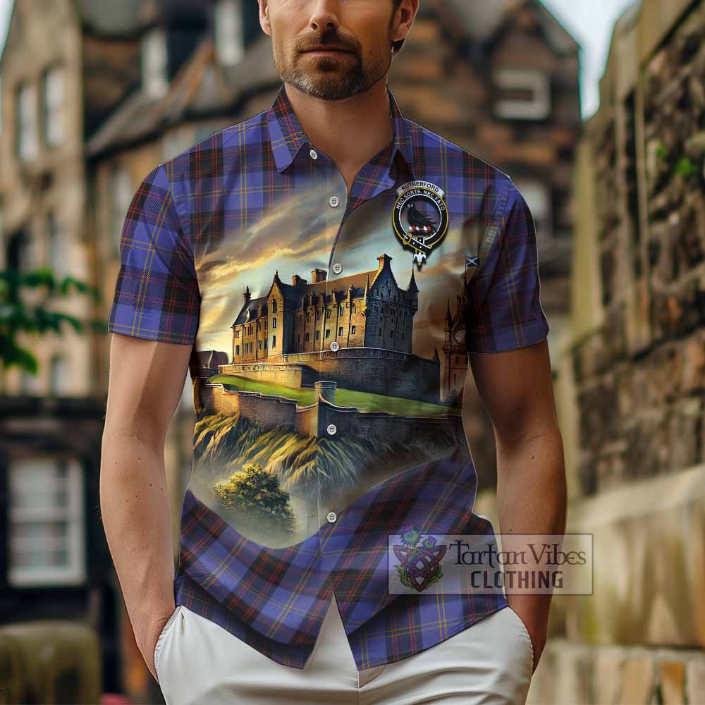 Tartan Vibes Clothing Rutherford Tartan Family Crest Short Sleeve Button Shirt with Scottish Ancient Castle Style
