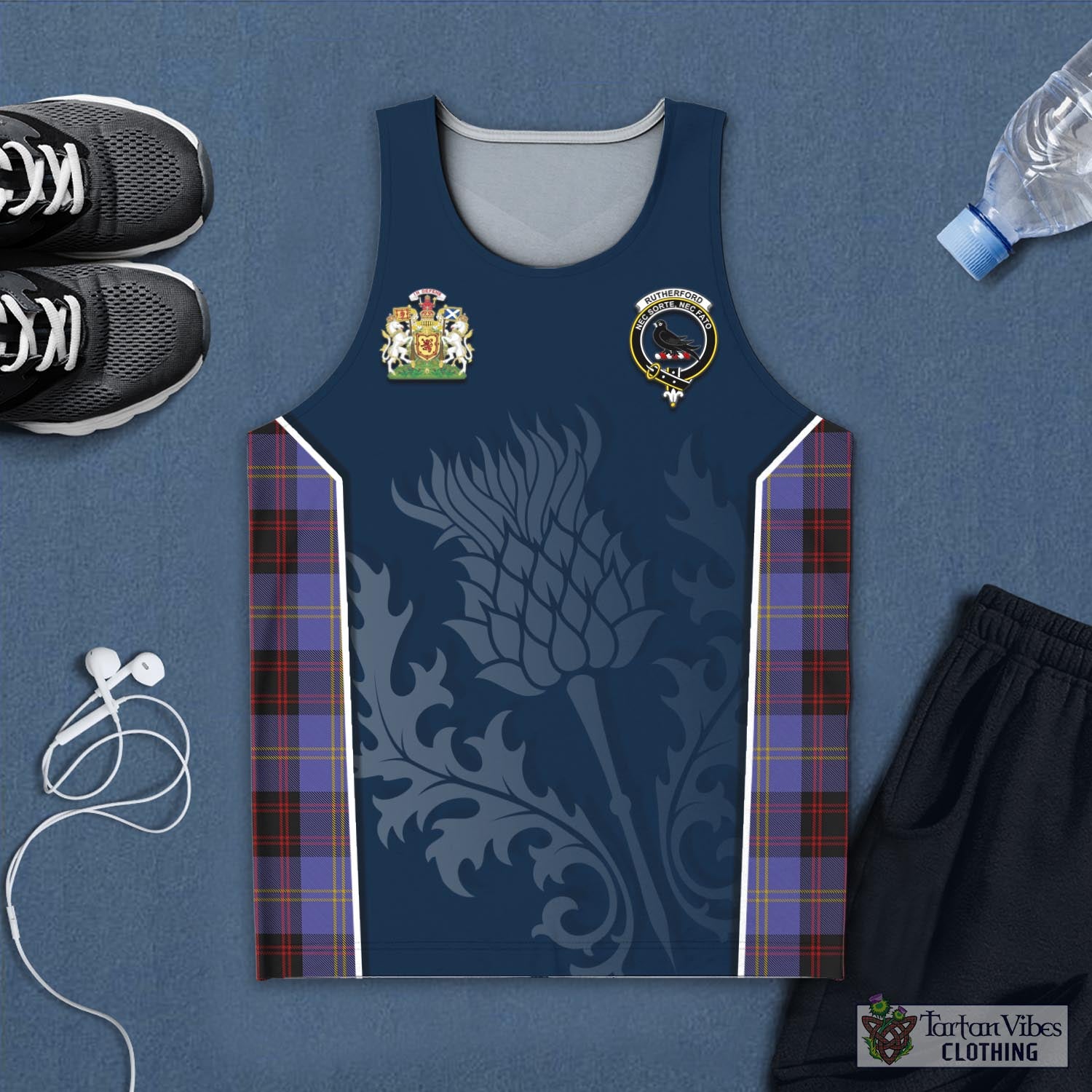 Tartan Vibes Clothing Rutherford Tartan Men's Tanks Top with Family Crest and Scottish Thistle Vibes Sport Style