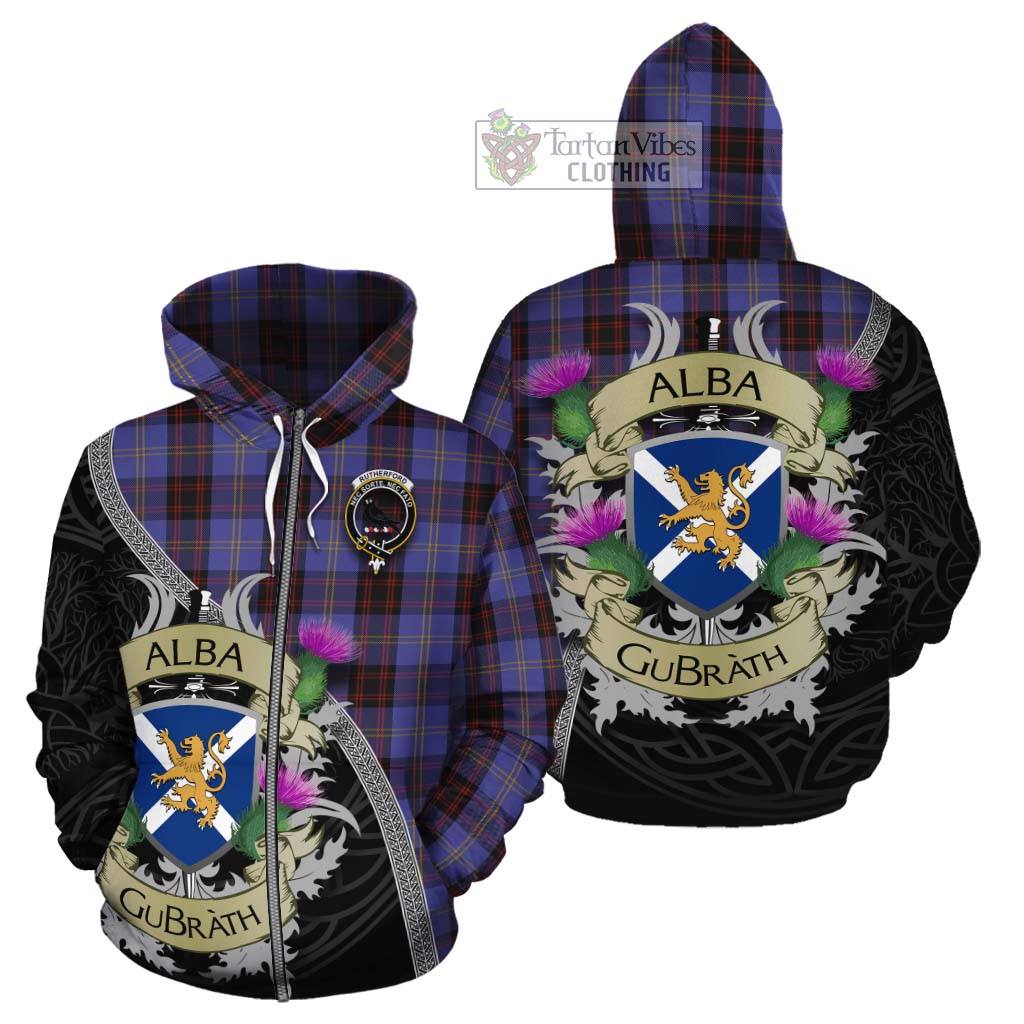Tartan Vibes Clothing Rutherford Tartan Family Crest Cotton Hoodie Lion Rampant Royal Thistle Shield Celtic Inspired