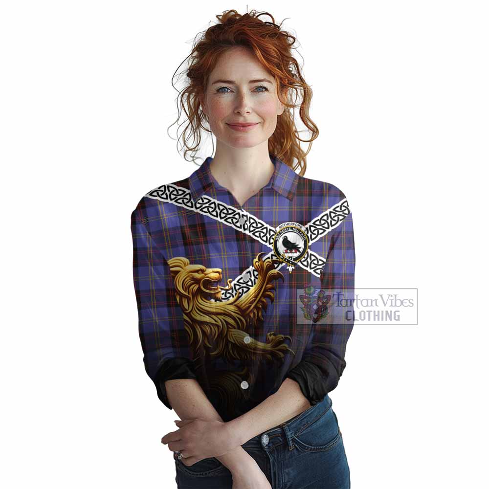 Tartan Vibes Clothing Rutherford Crest Tartan Women's Casual Shirt with Golden Lion Emblem Celtic Style
