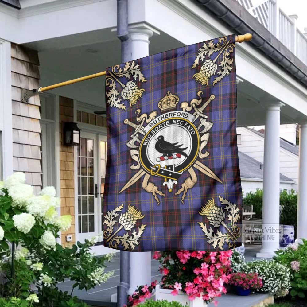 Tartan Vibes Clothing Rutherford Tartan Flag with Family Crest and Golden Thistle Crossed Sword Design