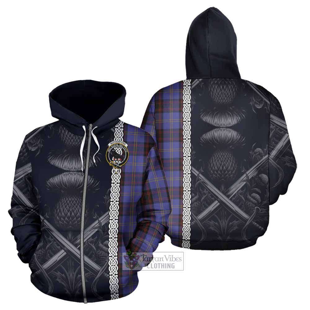Tartan Vibes Clothing Rutherford Tartan Hoodie with Family Crest Cross Sword Thistle Celtic Vibes