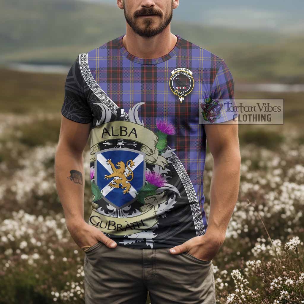Tartan Vibes Clothing Rutherford Tartan Family Crest T-Shirt Lion Rampant Royal Thistle Shield Celtic Inspired