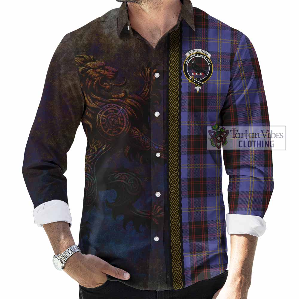 Tartan Vibes Clothing Rutherford Tartan Family Crest Long Sleeve Button Shirt Alba Gu Brath Be Brave Lion Ancient Style