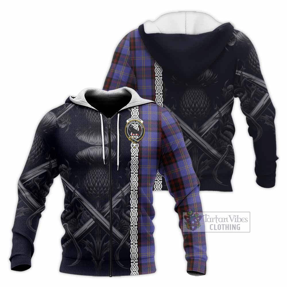 Tartan Vibes Clothing Rutherford Tartan Knitted Hoodie with Family Crest Cross Sword Thistle Celtic Vibes