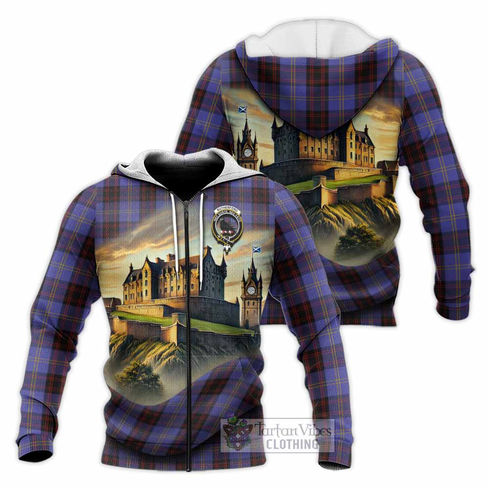 Tartan Vibes Clothing Rutherford Tartan Family Crest Knitted Hoodie with Scottish Ancient Castle Style
