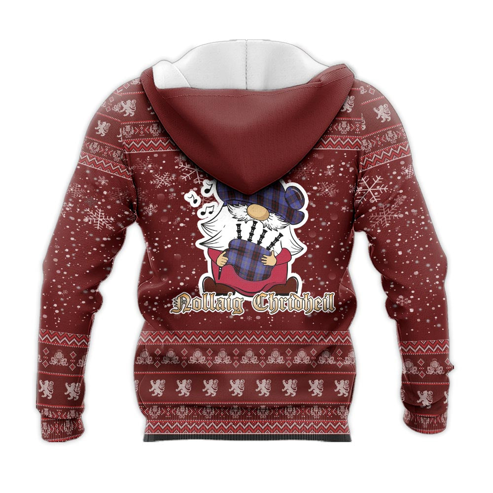 Rutherford Clan Christmas Knitted Hoodie with Funny Gnome Playing Bagpipes - Tartanvibesclothing