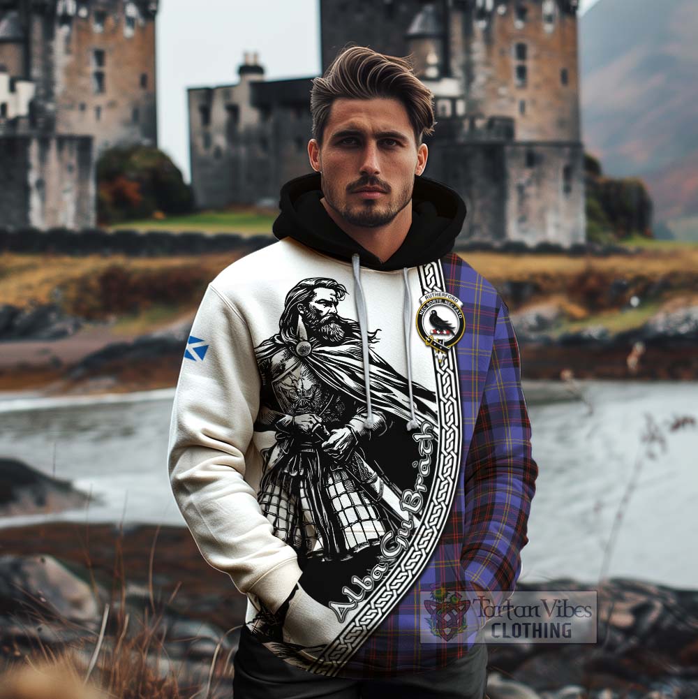 Rutherford Tartan Clan Crest Cotton Hoodie with Highlander Warrior Celtic Style - Tartan Vibes Clothing